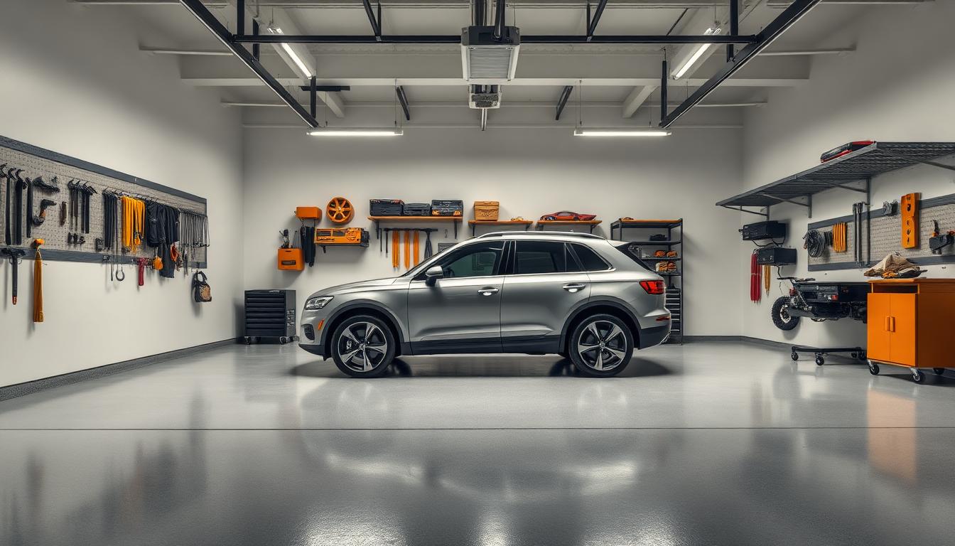 Perfectly organized garage with car parked inside
